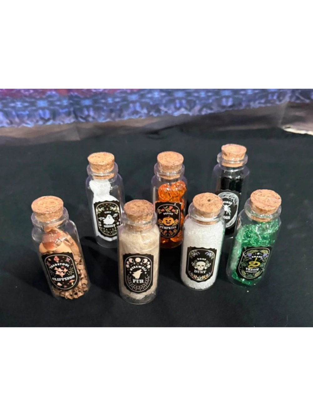 7 Mini Glass Potion Ingredient Bottles Halloween Decor